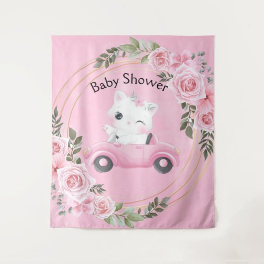 甘いキットンヴィンテージカーピンク赤ちゃんシャワー背景 タペストリー (正面)