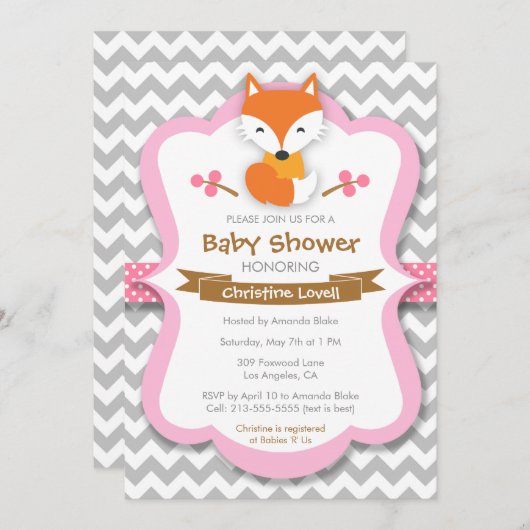 甘いキツネのピンクのベビーシャワーの招待状 招待状 (正面/裏面)
