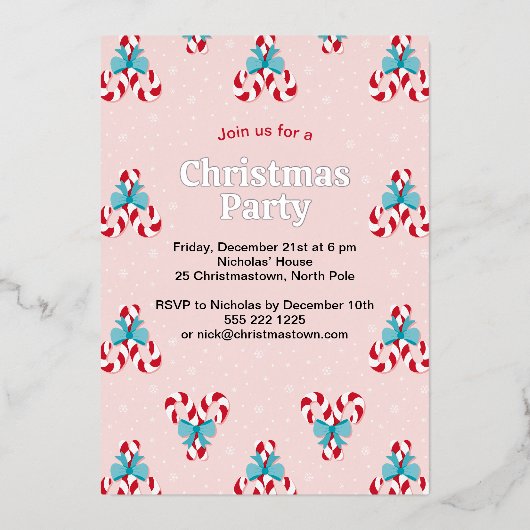 甘いキャンディ缶と弓クリスマス 箔招待状 (正面)