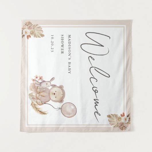 甘いクマの赤ちゃんシャワー付きボホボタニカルへようこそ タペストリー (正面(横))