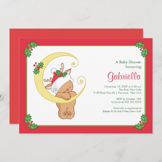 甘いクリスマスのベビーシャワーの招待状のベビーのシカ 招待状 (正面/裏面)