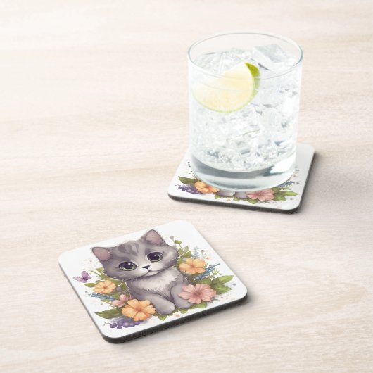 甘いグレーキットウィズフラワーズかわいいチビ（小さくかわいく書いた感じ） コースター (右側)