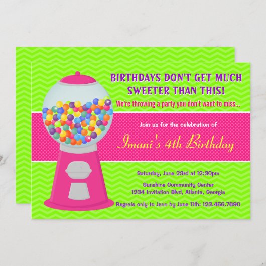 甘いグンボールキャンディー誕生パーティー 招待状 (正面/裏面)