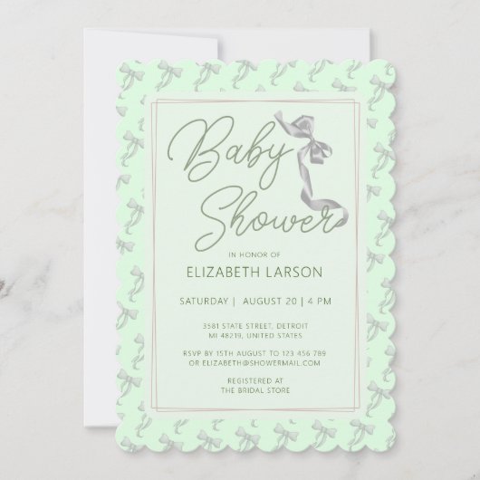 甘いコケットグリーンボウタイベビーエレガントシャワー 招待状 (正面)
