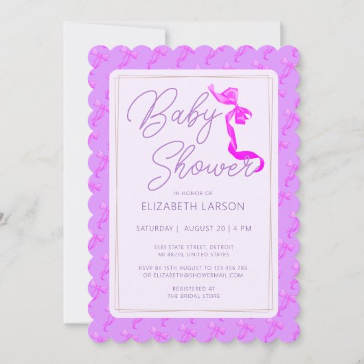甘いコケットパープルボウタイベビーエレガントシャワー 招待状 (正面)