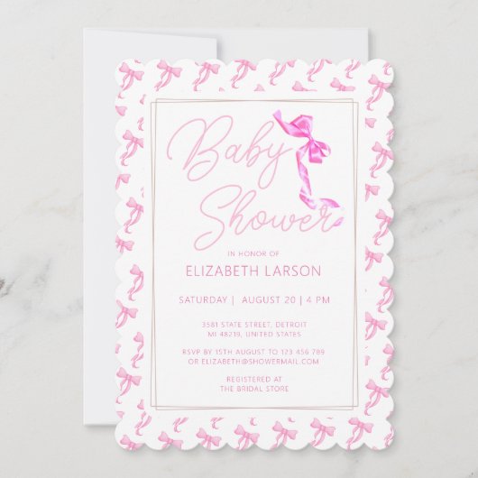 甘いコケットピンクボウタイベビーエレガントシャワー 招待状 (正面)