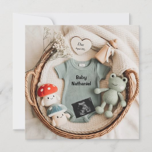 甘いコテージのバスケット妊娠の発表 招待状 (正面)