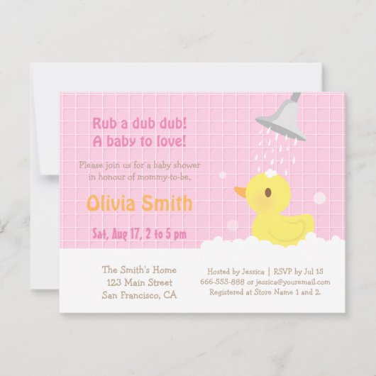 甘いゴム製ダッキーのピンクのベビーシャワー招待状 招待状 (正面)