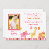 甘いサファリのジャングルの動物の誕生日の招待状 招待状 (正面/裏面)