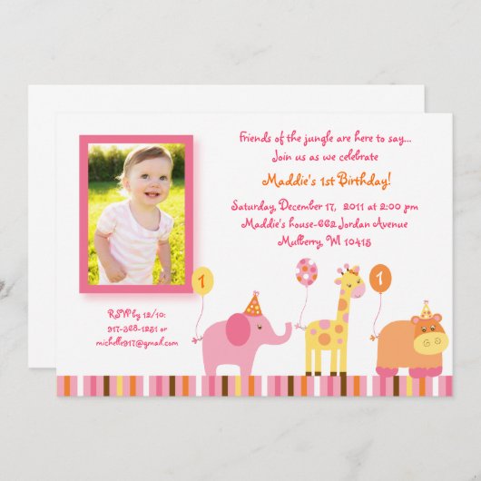 甘いサファリのジャングルの動物の誕生日の招待状 招待状 (正面/裏面)