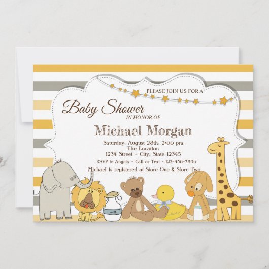 甘いサファリの動物の赤ストライプのちゃんシャワー 招待状 (正面)