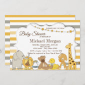 甘いサファリの動物の赤ストライプのちゃんシャワー 招待状 (正面/裏面)