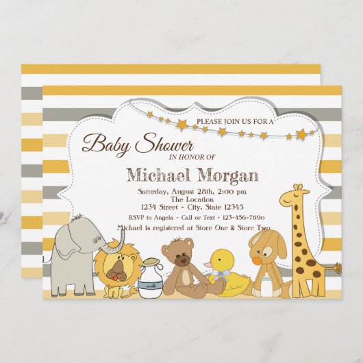 甘いサファリの動物の赤ストライプのちゃんシャワー 招待状 (正面/裏面)