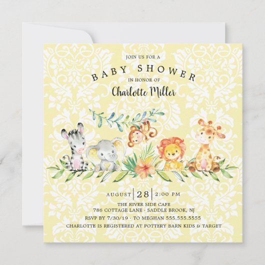 甘いサファリの動物の赤男女兼用ちゃんシャワー 招待状 (正面)