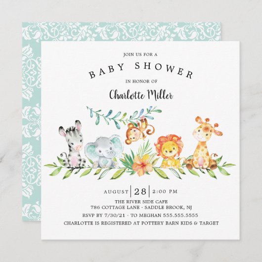 甘いサファリの動物男女兼用の赤ちゃんシャワー 招待状 (正面/裏面)