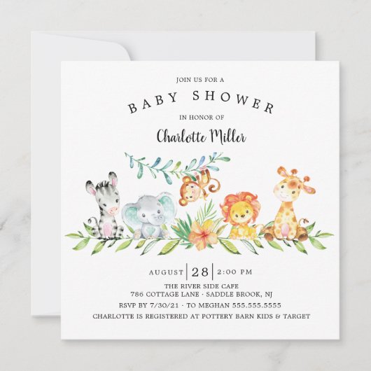甘いサファリの動物男女兼用の赤ちゃんシャワー 招待状 (正面)