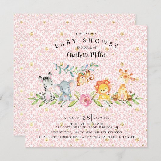 甘いサファリ動物の女の子ベビーシャワー 招待状 (正面/裏面)