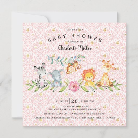甘いサファリ動物の女の子ベビーシャワー 招待状 (正面)