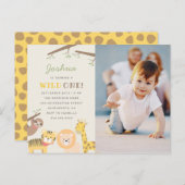 甘いサファリ動物の野生の1つの写真の第1誕生日 インビテーションポストカード (正面/裏面)