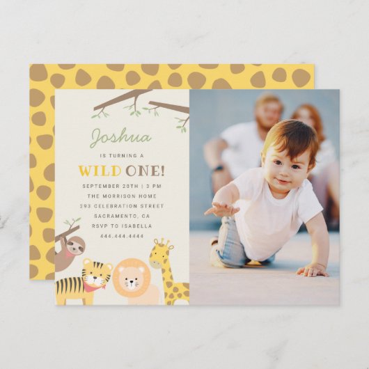 甘いサファリ動物の野生の1つの写真の第1誕生日 インビテーションポストカード (正面/裏面)