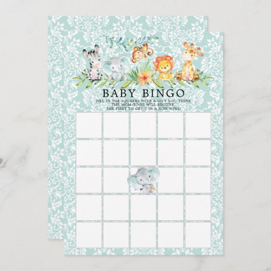 甘いサファリ動物ビンゴ赤ちゃんシャワーゲーム 招待状 (正面/裏面)