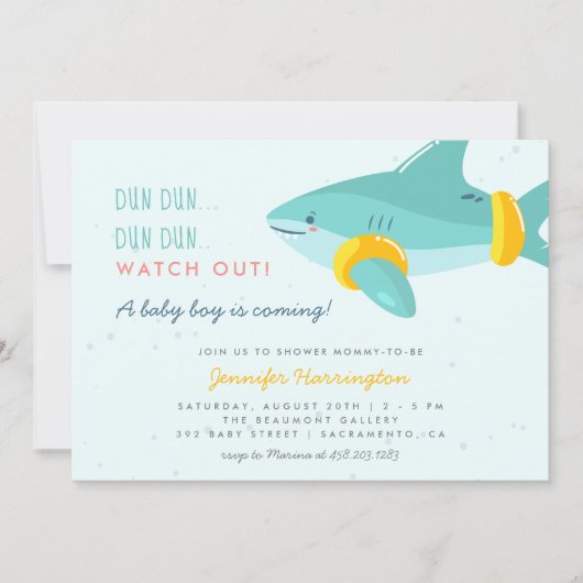 甘いサメ夏の海をテーマにした男の子の赤ちゃんシャワー 招待状 (正面)