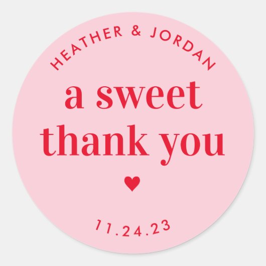 甘いサンキューピンクと赤のレトロ結婚式の引き出物 ラウンドシール (正面)