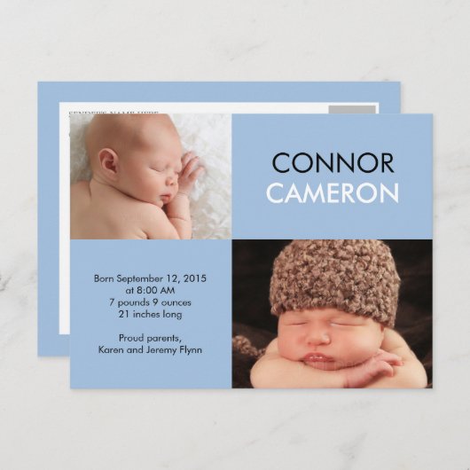 甘いシンプル誕生のお知らせ – 青 案内ポストカード (正面/裏面)