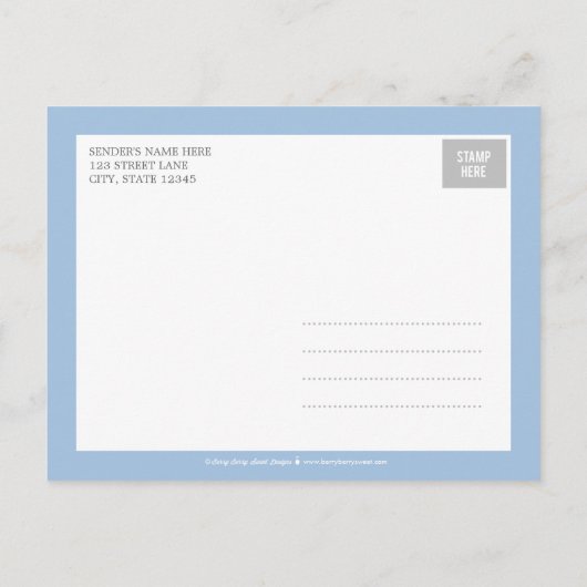 甘いシンプル誕生のお知らせ – 青 案内ポストカード (裏面)