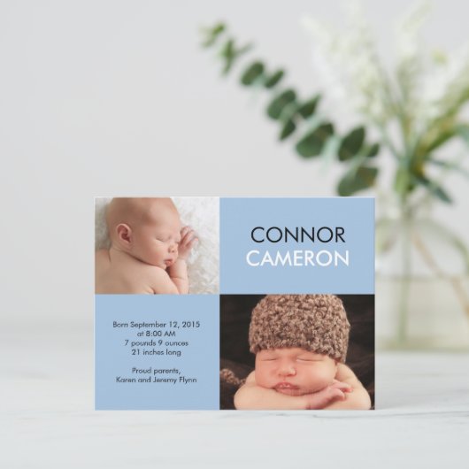 甘いシンプル誕生のお知らせ – 青 案内ポストカード (スタンド正面)