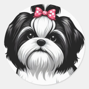 甘いシーズー(犬)ズインピンクヘアボウ ラウンドシール