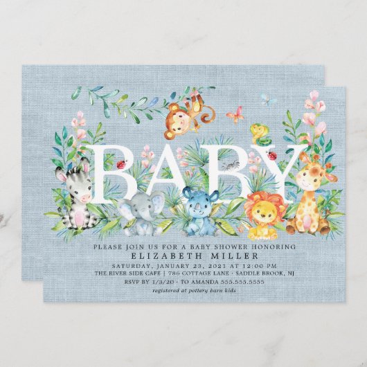 甘いジャングルアニマルズボーイズベビーシャワー招待状 招待状 (正面/裏面)