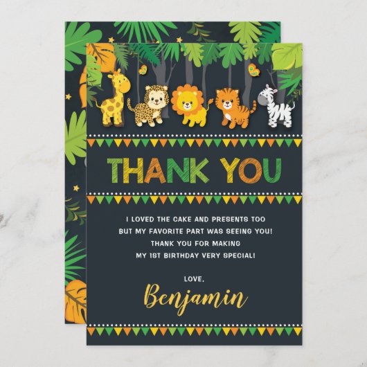 甘いジャングルサファリの野生動物の第1誕生日 サンキューカード (正面/裏面)