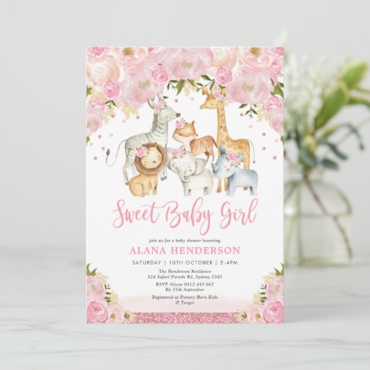 甘いジャングルサファリワイルドアニマルガールベビーシャワー 招待状 (スタンド正面)