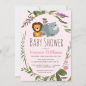 甘いジャングルサファリ動物ピンクの女の子ベビーシャワー 招待状 (正面)