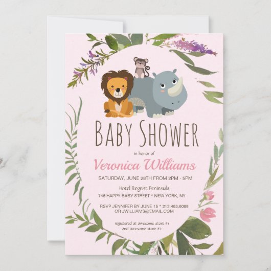 甘いジャングルサファリ動物ピンクの女の子ベビーシャワー 招待状 (正面)