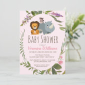 甘いジャングルサファリ動物ピンクの女の子ベビーシャワー 招待状 (スタンド正面)