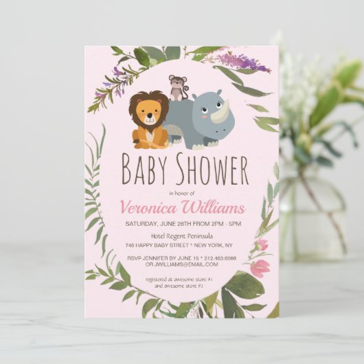 甘いジャングルサファリ動物ピンクの女の子ベビーシャワー 招待状 (スタンド正面)