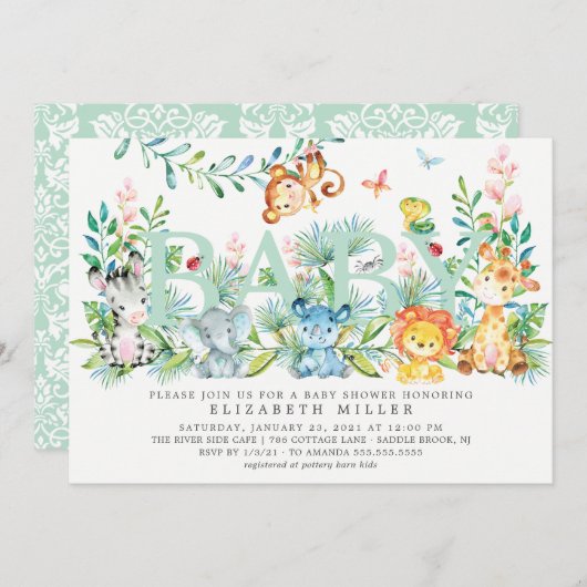 甘いジャングル動物ニュートラルベビーシャワー 招待状 (正面/裏面)