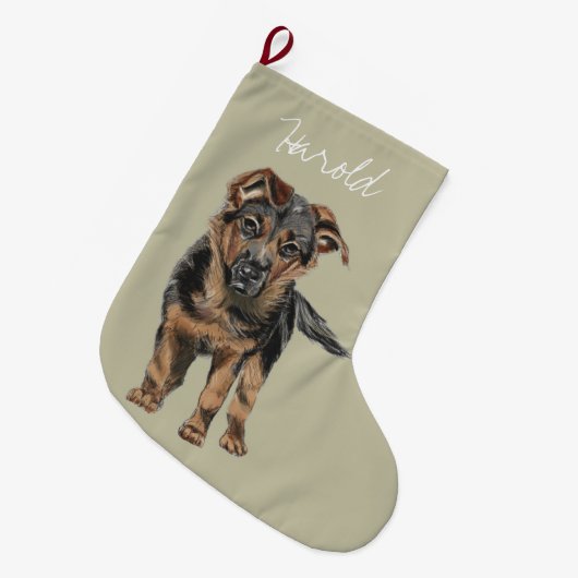 甘いジャーマン・シェパードの子犬のスケッチ ラージクリスマスストッキング (正面 (吊り時))