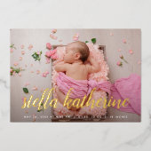 甘いスクリプトフォトコラージフォイル誕生のお知らせ 箔招待状 (正面)