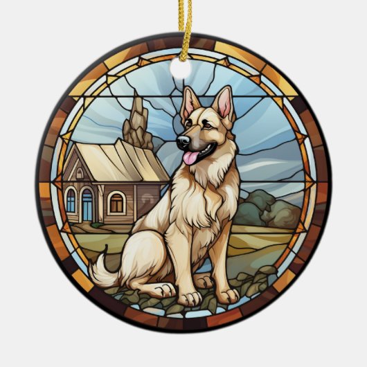 甘いステンドグラスのドイツの羊飼い犬 セラミックオーナメント (正面)