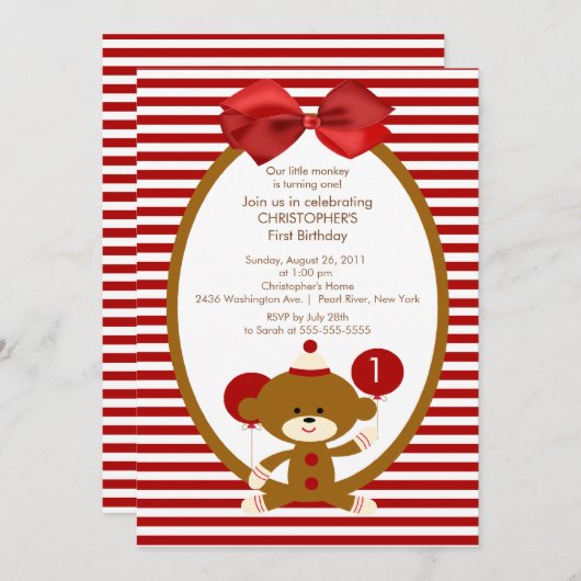 甘いソックス猿の子供の誕生日の招待状 招待状 (正面/裏面)