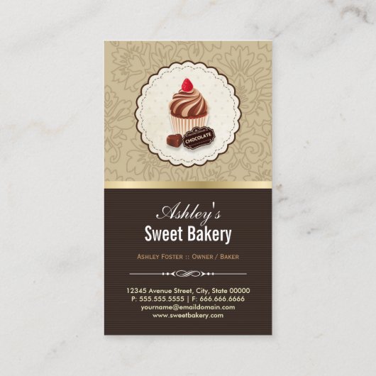 甘いチョコレートのカップケーキのデザート – ベーカリーショップ 名刺 (裏面)