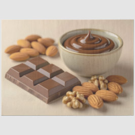 甘いチョコレート、チョコレートペーストのボウルと生のナッツ 薄葉紙