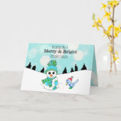 甘いティール(緑がかった色)雪だるまとバードウィンターデイクリスマス カード (黄色い花)