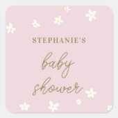 甘いデイジーピンク金ゴールド書道ベビーガールシャワー スクエアシール (正面)