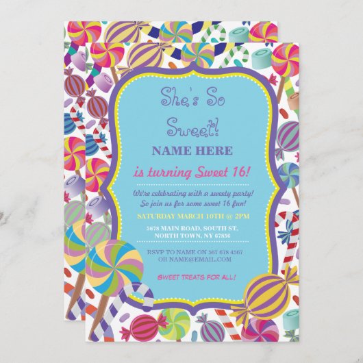 甘いデザートキャンディスウィート16または任意の年齢の招待状 招待状 (正面/裏面)