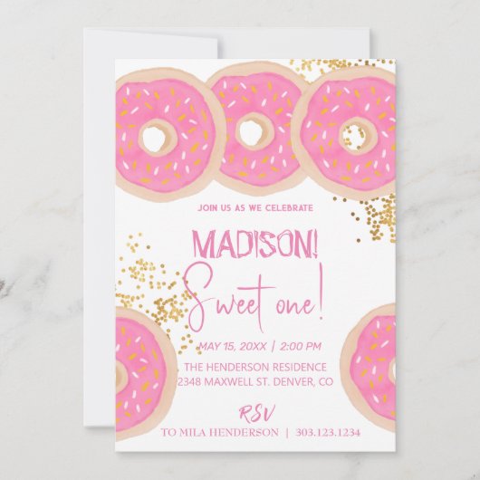 甘いドーナツ、虹の色、甘いファーストバースデー 招待状 (正面)