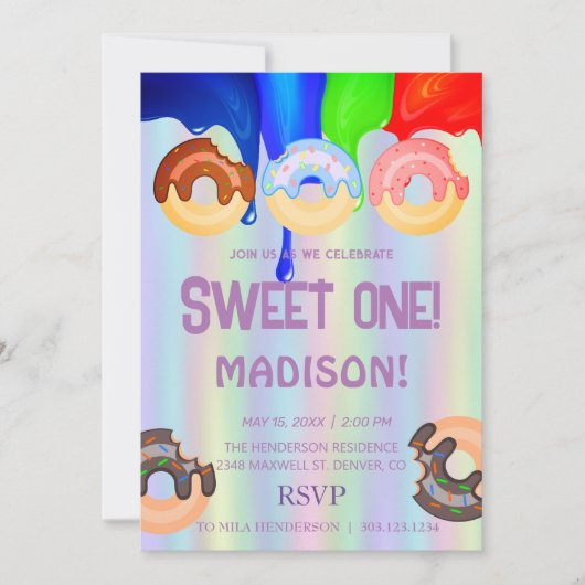 甘いドーナツ、虹の色、甘いファーストバースデー 招待状 (正面)